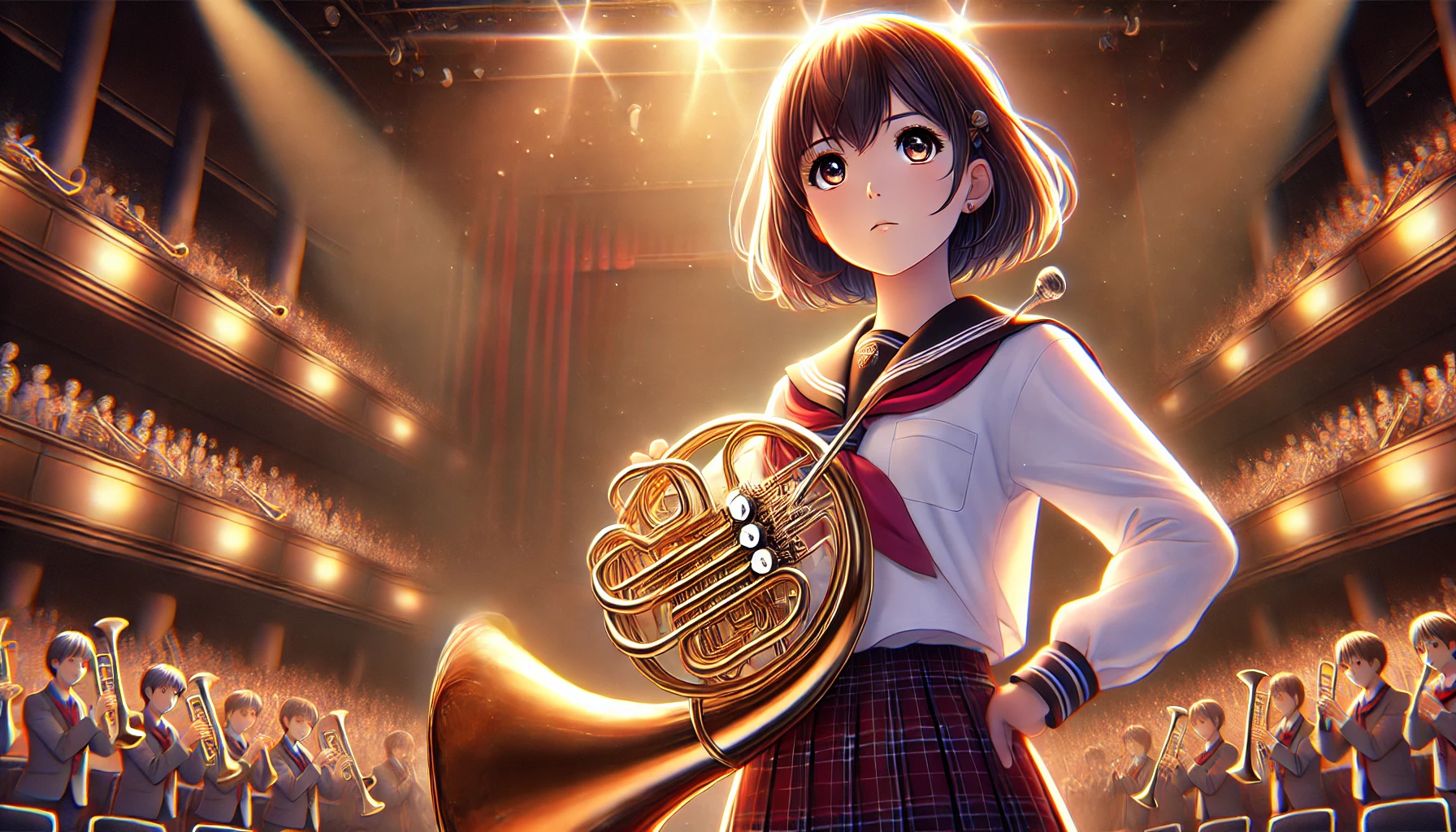 高校生の女の子がユーフォニアムを持ち、ステージ上でスポットライトを浴びている様子。背景には観客席が広がり、音楽への情熱と決意を感じさせるシーン。