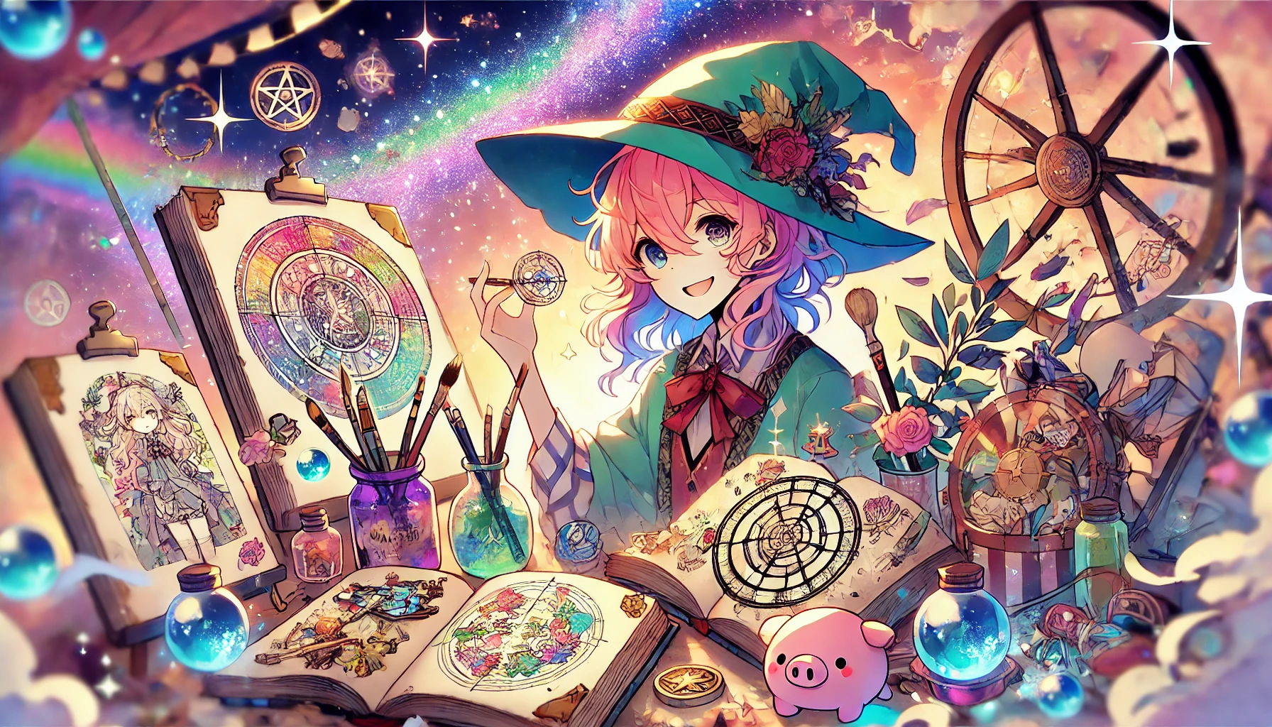 「ウィッチウォッチ」の二次創作をテーマにしたカラフルなイラスト。魔法のエフェクト、魔女の帽子、呪文書、スケッチブックに描かれたアートが幻想的な背景に浮かび、創作の楽しさを表現している。