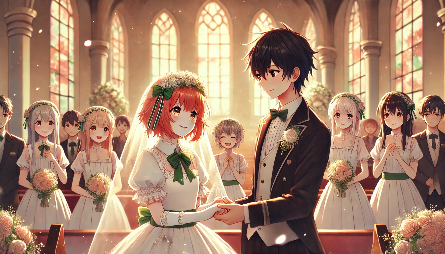 アニメ風の結婚式シーン。制服姿の少年とウェディングドレスの少女が手を取り合い、後ろで四人の姉妹が見守る感動的な場面