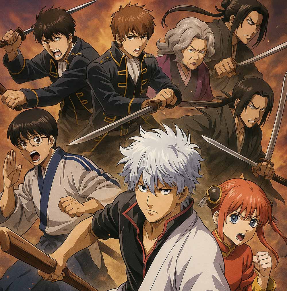 人気アニメ『銀魂』のキャラクターたちが劇場版スタイルで集結し、戦闘体勢を取っている迫力あるビジュアル。