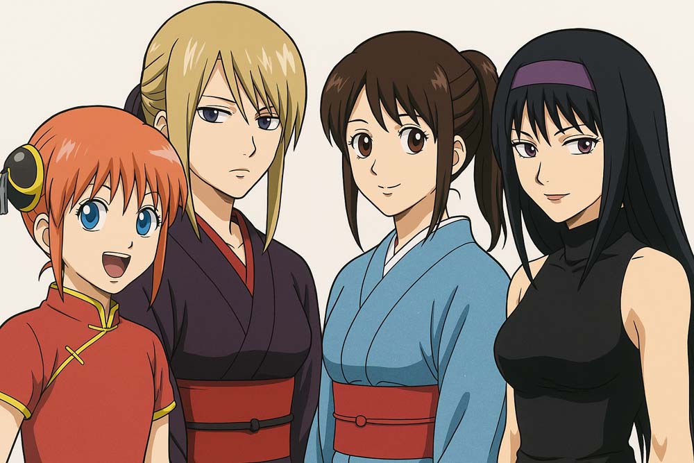 銀魂に登場する女性キャラクターたち（神楽・月詠・志村妙・猿飛あやめ）が並んでポーズを取るアニメ風イラスト。