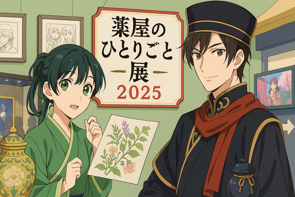 『薬屋のひとりごと展 2025』をテーマにしたアニメ風イラスト。緑の着物を着た猫猫と、制服姿の壬氏が展示会場で作品を紹介している様子。