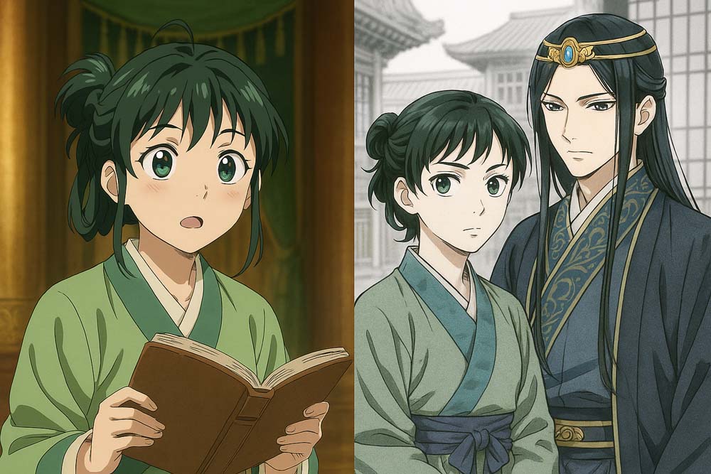 アニメと小説で描かれ方が異なる『薬屋のひとりごと』の主人公・猫猫と壬氏。左は明るい彩色のアニメ版猫猫、右は落ち着いたトーンで描かれる小説風イラストの猫猫と壬氏。