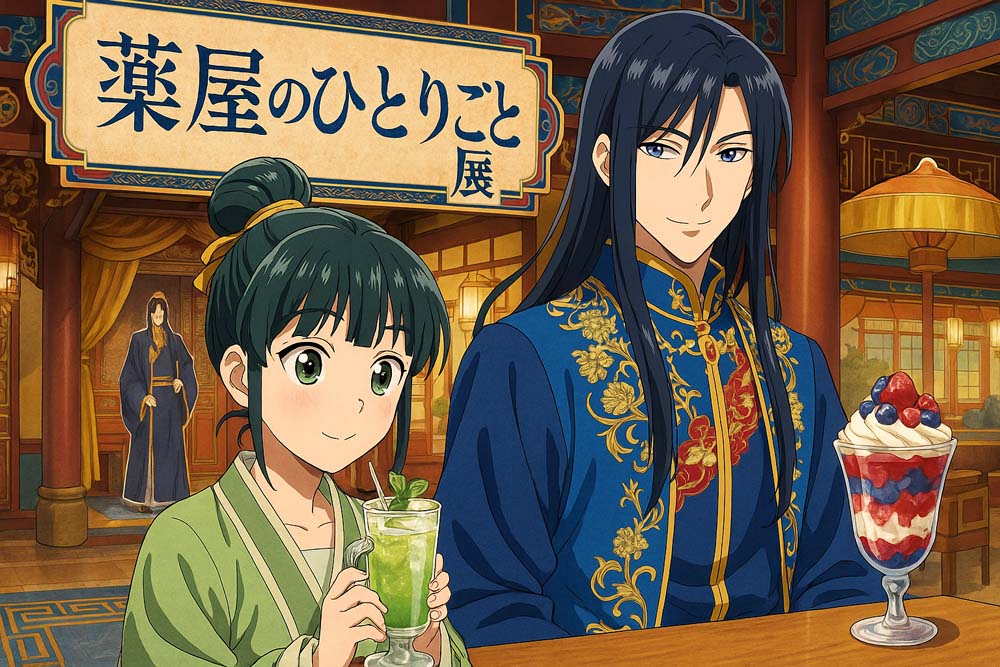 アニメ『薬屋のひとりごと』展のイメージ。伝統的な中華風建築を背景に、緑の服を着た猫猫がハーブドリンクを持ち、青い衣装の壬氏が微笑んでいる。