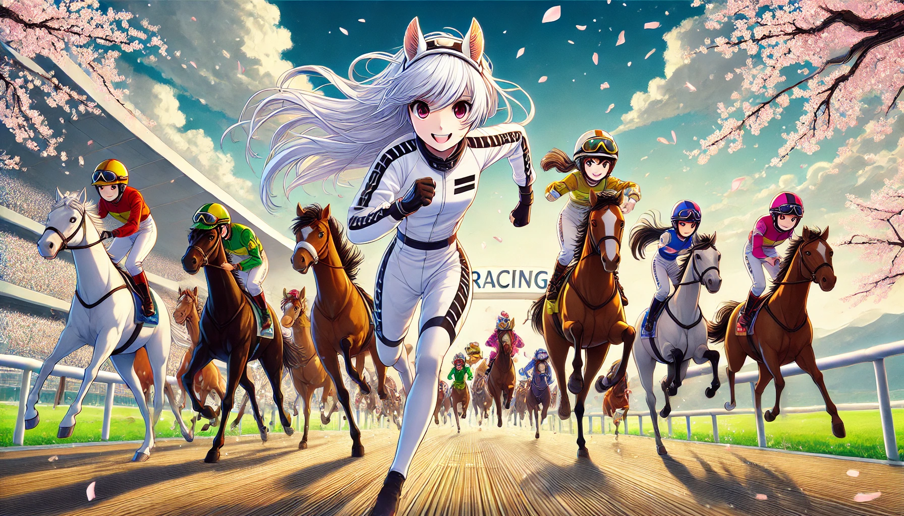 春の競馬場で全力疾走するオリジナルの競走娘たち。白髪の主役キャラが先頭を走り、後方には個性豊かな仲間たちが続く、アニメ風のシネマティックなイラスト。