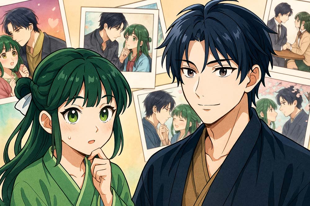 『薬屋のひとりごと』の二次創作をイメージしたアニメ風イラスト。猫猫と壬氏が和装で並び、背景には二人の関係性を描いたファンアート風のシーンが複数並ぶ。