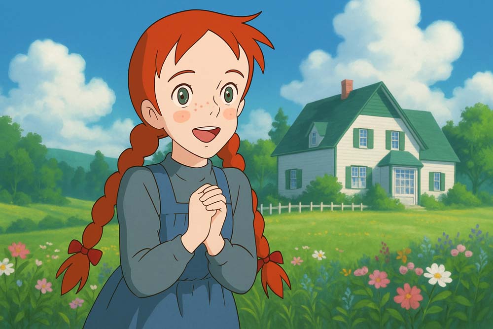 アニメ『アン・シャーリー』の主人公アンが笑顔で手を組み、草花咲く草原とグリーン・ゲイブルズの家が背景に広がる風景