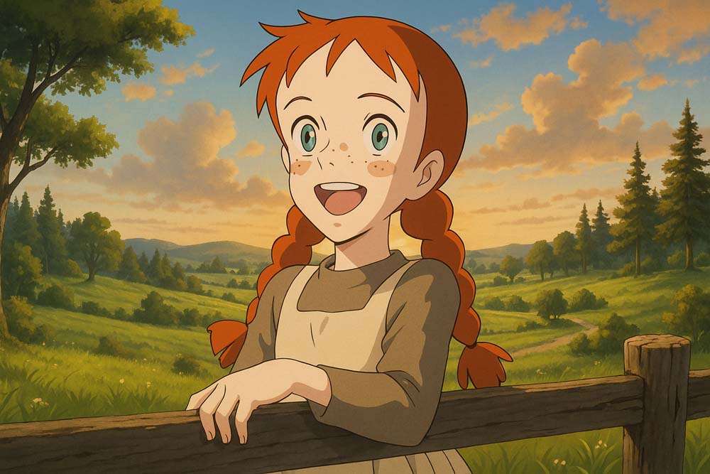 『アン・シャーリー』の主人公アンが田園風景の中で笑顔を見せているアニメ風イラスト