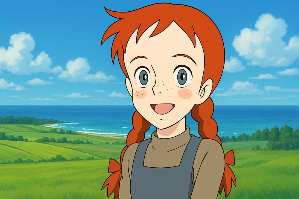 アニメ風に描かれた赤毛の少女アン・シャーリーが、緑豊かな草原と青い海を背景に微笑んでいるイラスト