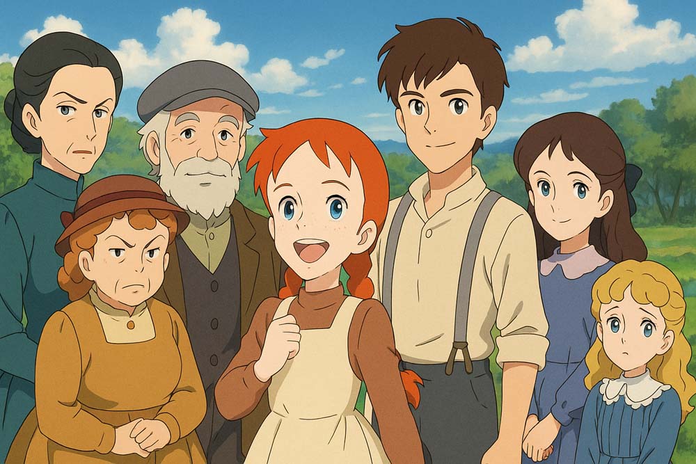 アニメ『アン・シャーリー』の主要キャラクターたちが草原を背景に並ぶ、アンを中心にした明るく温かな集合シーン。