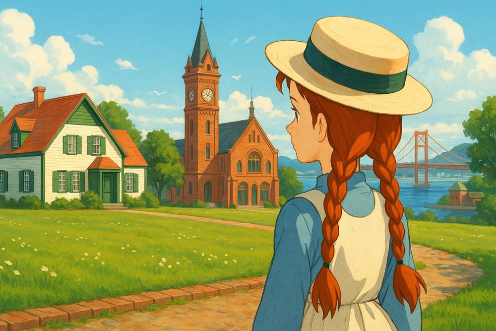 アン・シャーリー風の少女が下関のような洋館や海辺の街並みを見つめる風景イラスト