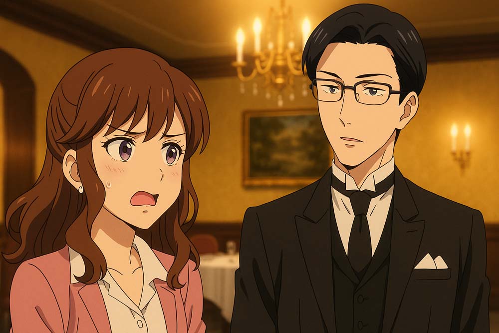 高級なダイニングルームで会話を交わす若い令嬢と執事風の男性。アニメ風の繊細な描写。