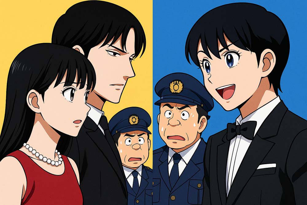 漫画とアニメの画風で描かれた登場人物たちが対比的に並ぶ構図。左側はシリアスな表情の漫画風、右側は明るく表情豊かなアニメ風で表現されている。