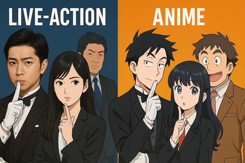 『謎解きはディナーのあとで』のドラマ版とアニメ版を左右に分けて比較したビジュアル。左はリアルな実写風、右はアニメ風のキャラクターたちが描かれている。