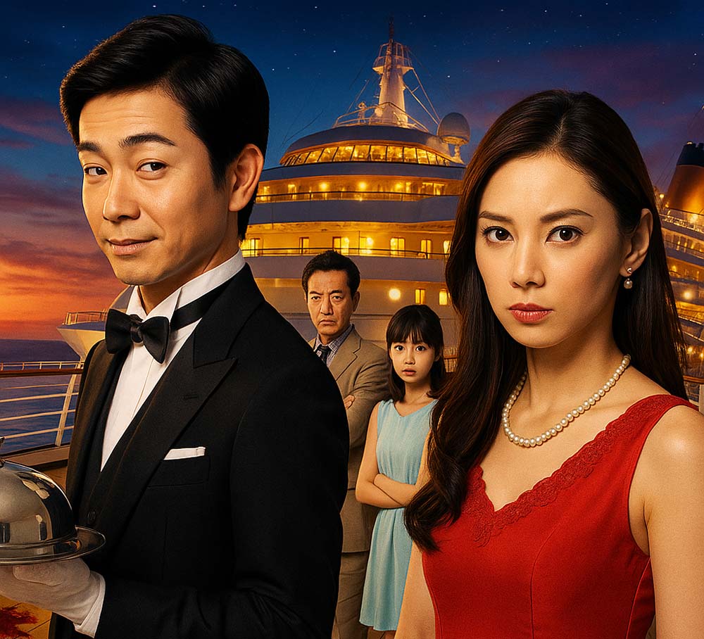 豪華客船のデッキに立つ4人の登場人物。手前にはタキシード姿の執事と赤いドレスを着た女性刑事、背後には緊張した表情の男女が立ち、背後には夕暮れのクルーズ船が輝いている。