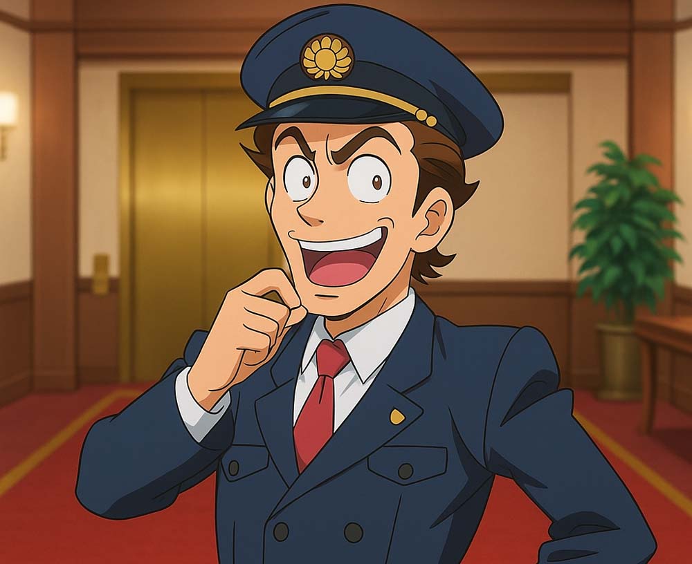 アニメ『謎解きはディナーのあとで』の風祭警部が豪華な館の廊下で笑顔を見せるシーン。制服姿で自信満々な表情が印象的。