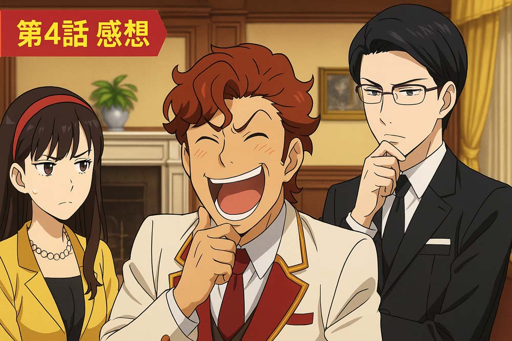 アニメ『謎解きはディナーのあとで』第4話、風祭警部が笑顔で推理を披露する横で、困惑する宝生麗子と真剣な表情の影山が並ぶシーン