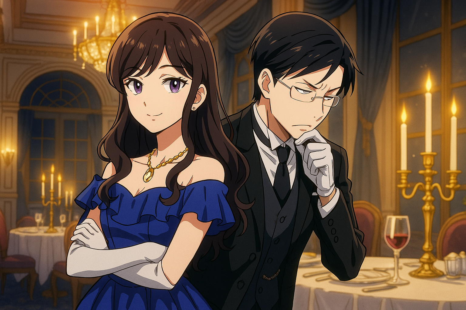 豪華なディナー会場で並び立つドレス姿の令嬢と黒服の執事、アニメ風の高級感あふれるシーン