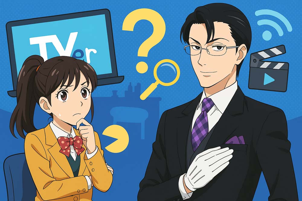 アニメ風の男女キャラクターが登場する『謎解きはディナーのあとで』をイメージしたイラスト。
