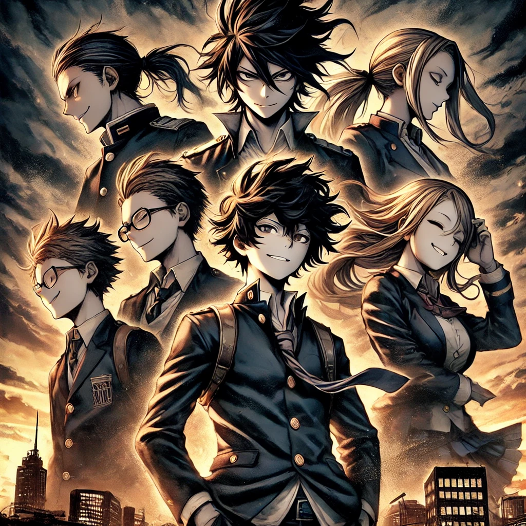 嵐の空の下、決意に満ちた表情で立つ高校生たちのアニメ風イラスト。バトルと友情を感じさせる緊張感ある構図。