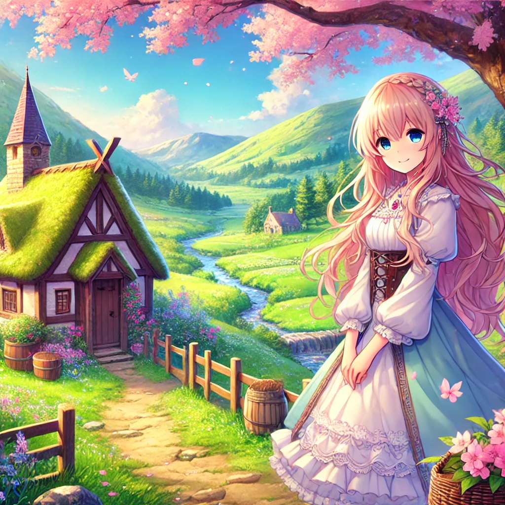 緑豊かな草原と桜に囲まれた小屋の前に立つ魔法使い風の少女のアニメ風イラスト