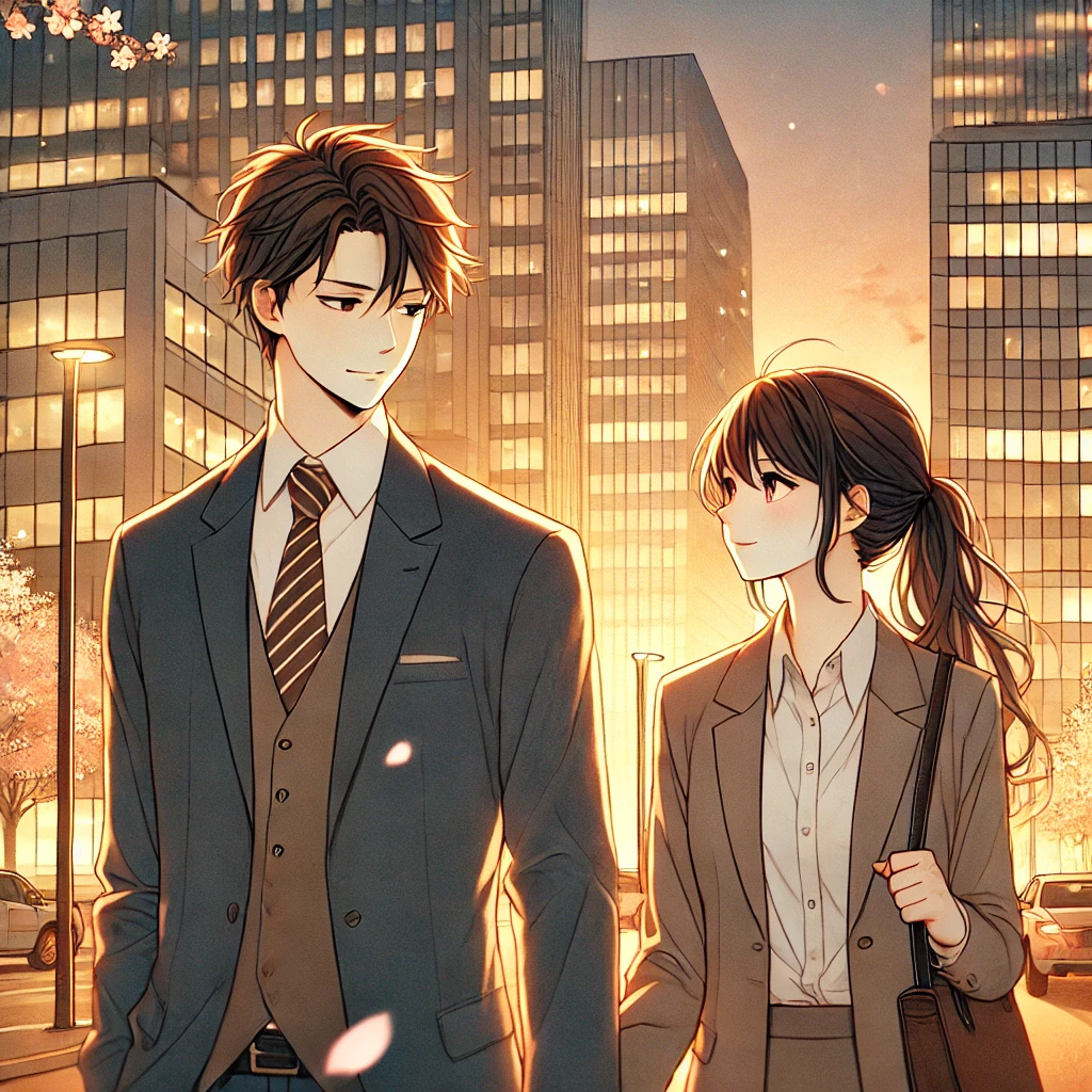 都会の夕焼け空の下、ビジネススーツ姿の男女が並んで歩くアニメ調のイラスト。淡い光に包まれながら、2人の距離が少しずつ近づいていく情景。